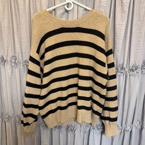By Together Black and Cream Striped Knit Crewneck Sweater